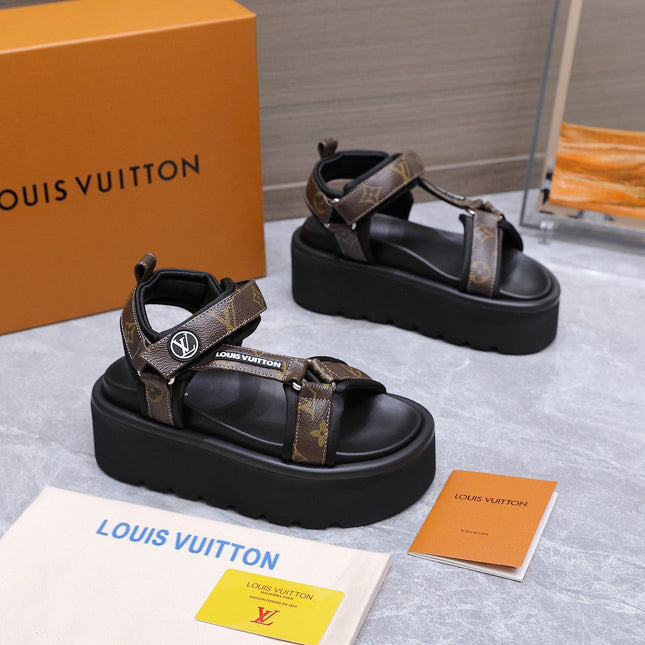 LV 26S CHAMELEON PLATFORM SANDALS 60MM IN DARK BROWN MONOGRAM CALFSKIN AND EVA