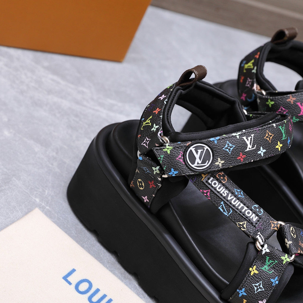 LV 26S CHAMELEON PLATFORM SANDALS 60MM IN BLACK MULTICOLOR MONOGRAM CALFSKIN AND EVA