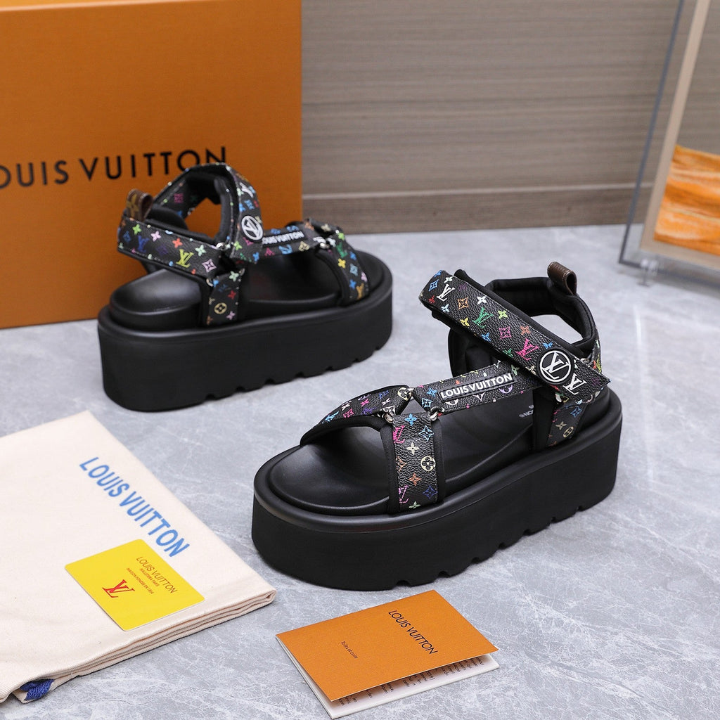 LV 26S CHAMELEON PLATFORM SANDALS 60MM IN BLACK MULTICOLOR MONOGRAM CALFSKIN AND EVA