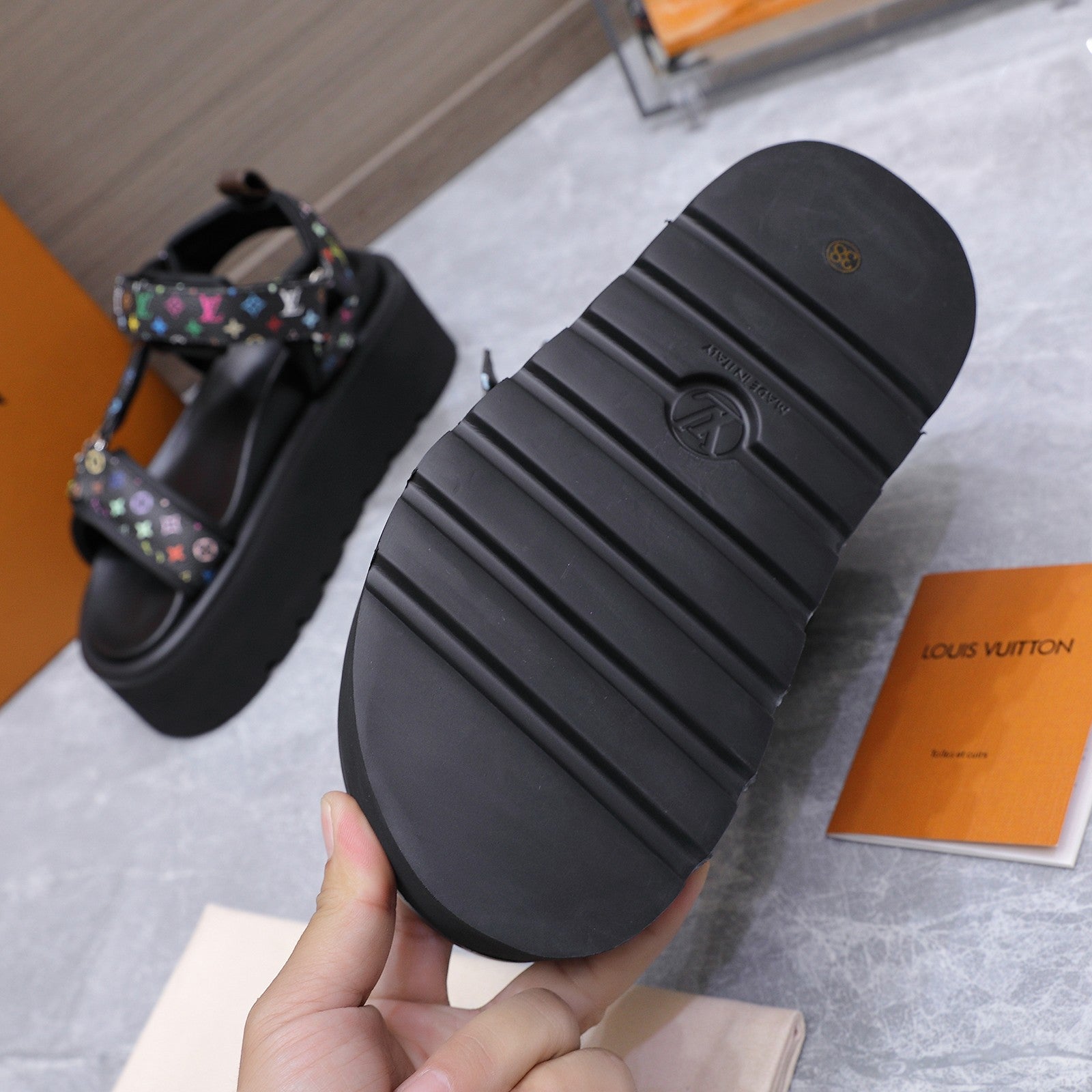 LV 26S CHAMELEON PLATFORM SANDALS 60MM IN BLACK MULTICOLOR MONOGRAM CALFSKIN AND EVA