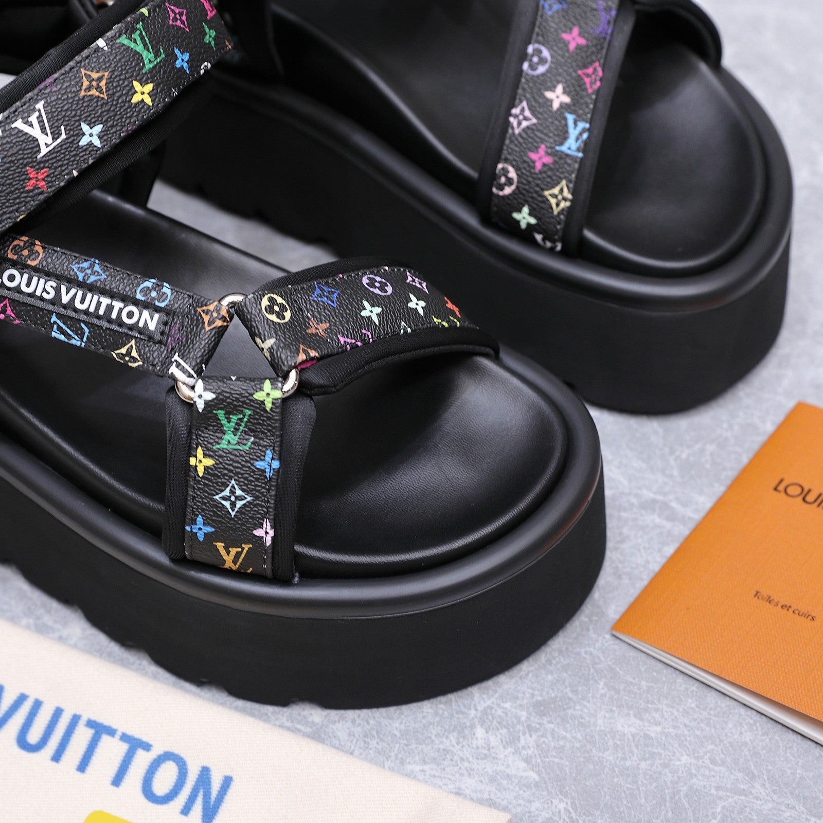 LV 26S CHAMELEON PLATFORM SANDALS 60MM IN BLACK MULTICOLOR MONOGRAM CALFSKIN AND EVA