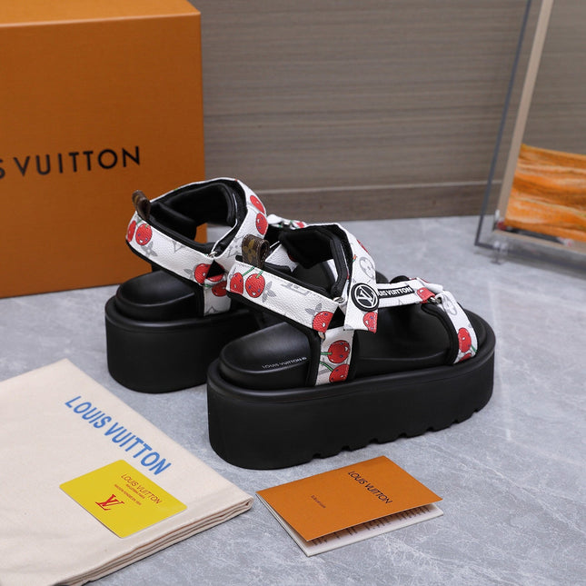 LV 26S CHAMELEON PLATFORM SANDALS 60MM IN WHITE CHERRY MONOGRAM CALFSKIN AND EVA