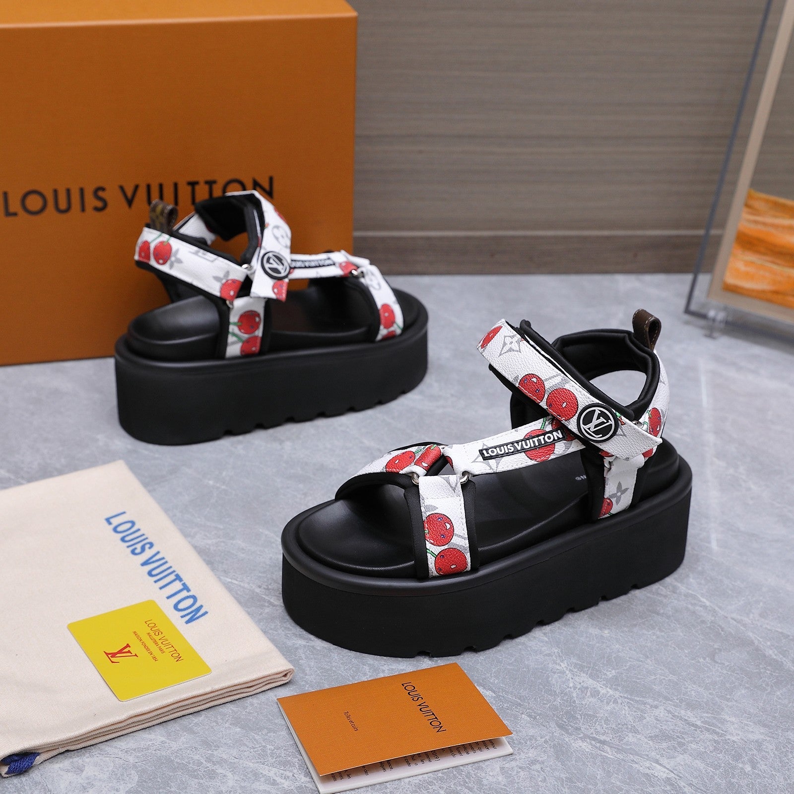 LV 26S CHAMELEON PLATFORM SANDALS 60MM IN WHITE CHERRY MONOGRAM CALFSKIN AND EVA