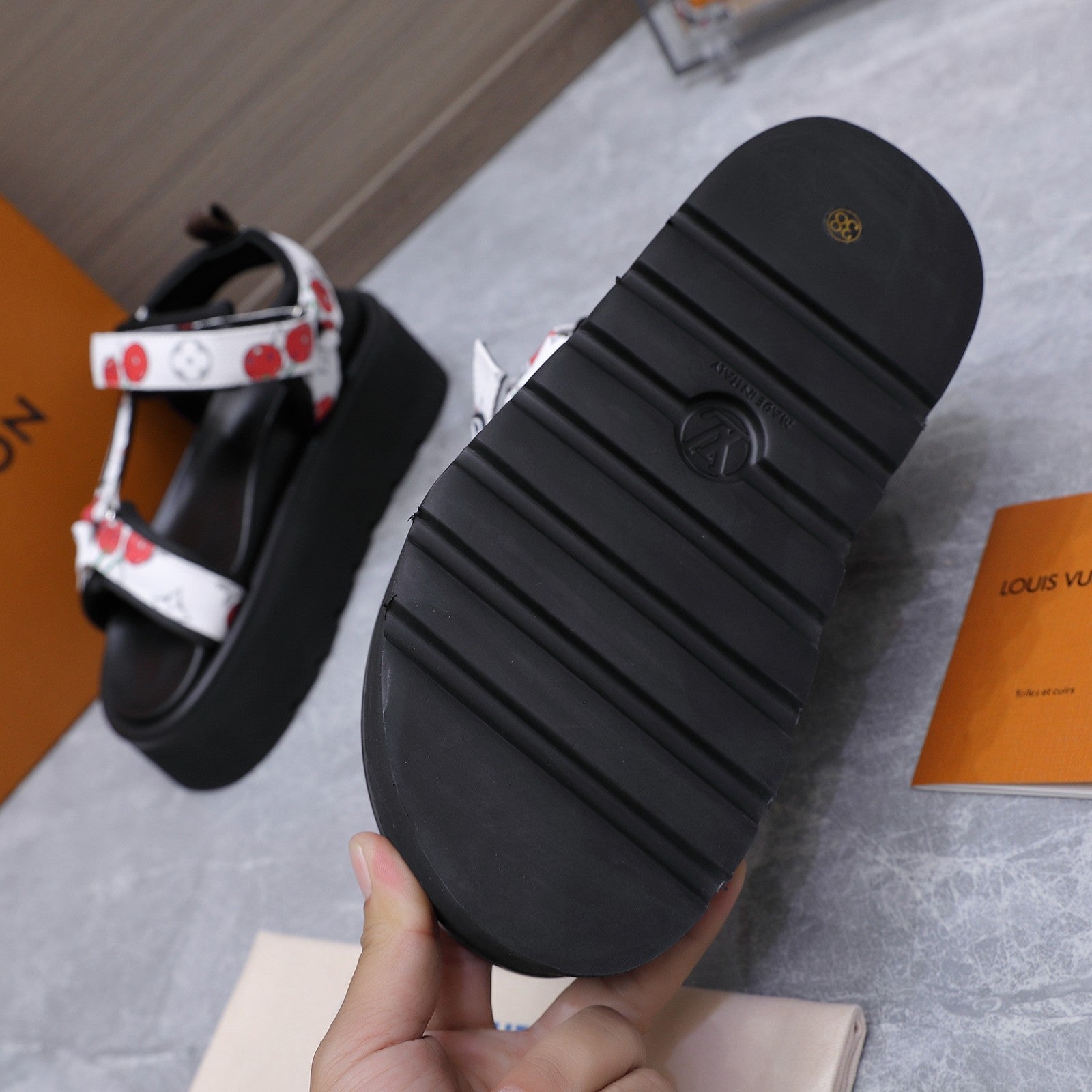 LV 26S CHAMELEON PLATFORM SANDALS 60MM IN WHITE CHERRY MONOGRAM CALFSKIN AND EVA