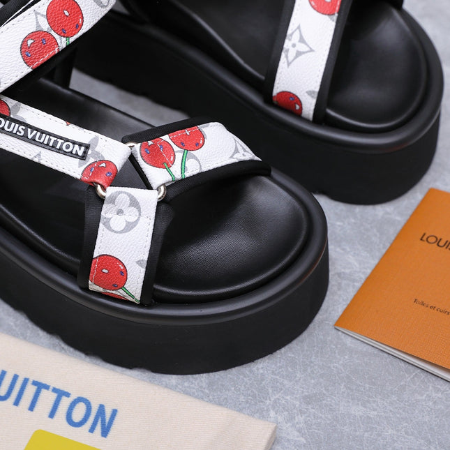 LV 26S CHAMELEON PLATFORM SANDALS 60MM IN WHITE CHERRY MONOGRAM CALFSKIN AND EVA
