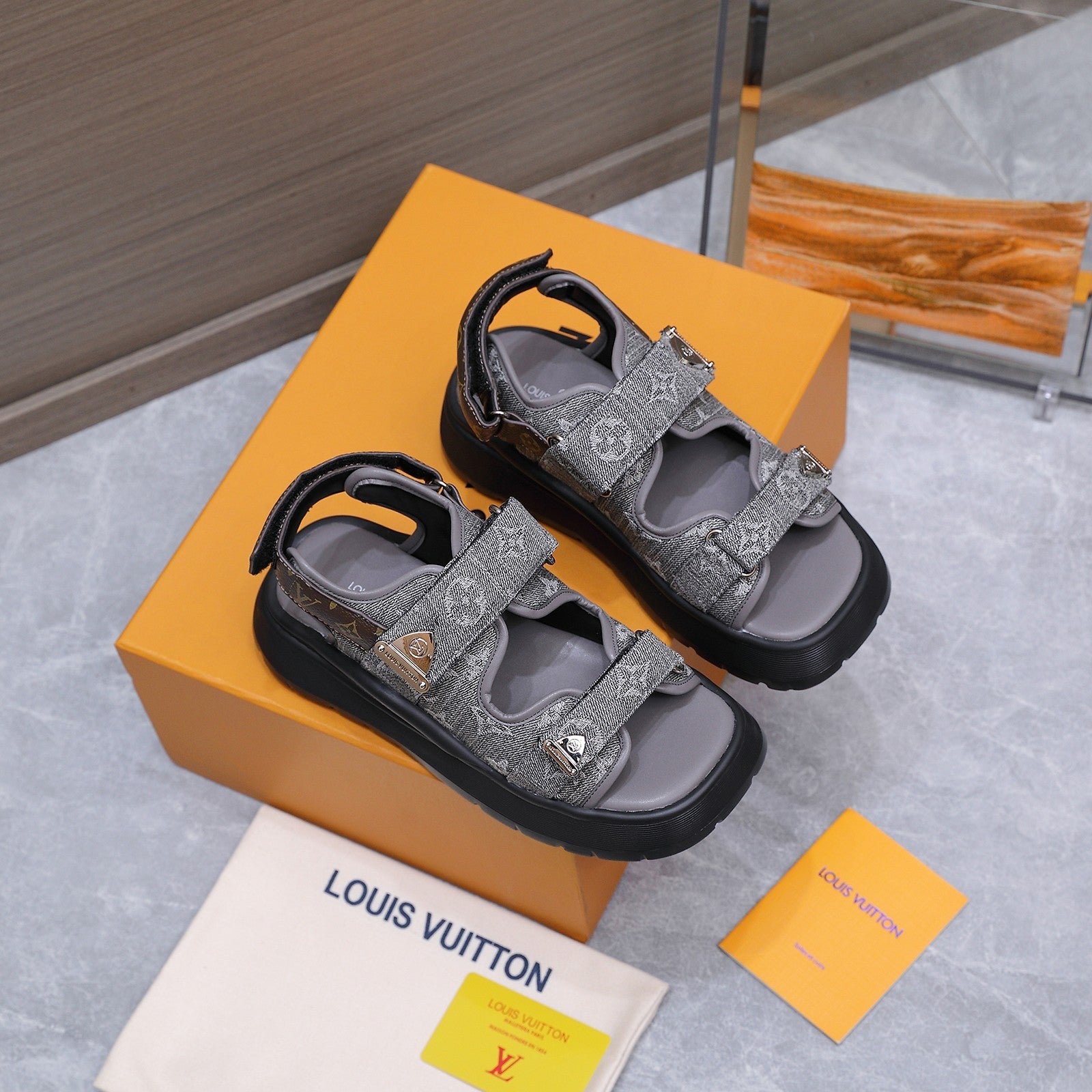 LV 26S CHAMELEON SANDALS 60MM IN GREY MONOGRAM COATED DENIM AND EVA