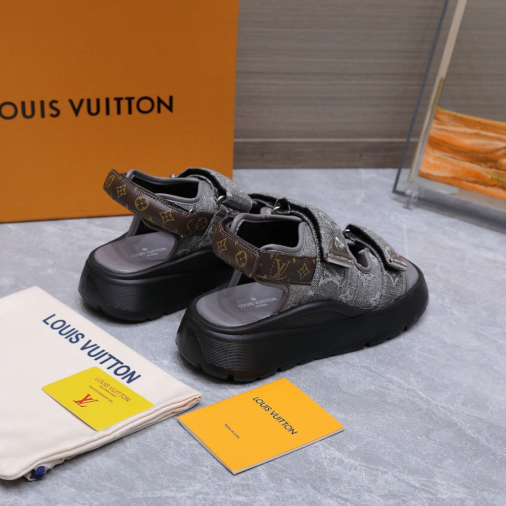 LV 26S CHAMELEON SANDALS 60MM IN GREY MONOGRAM COATED DENIM AND EVA