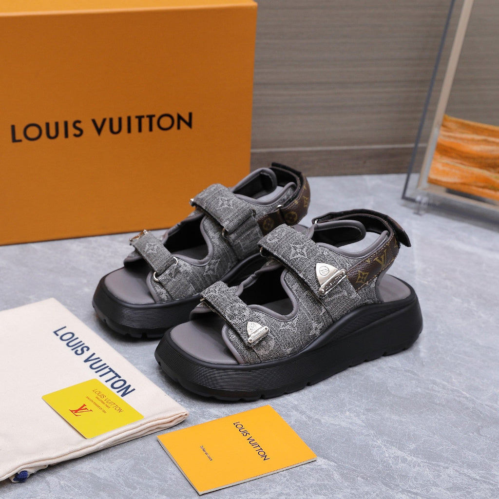 LV 26S CHAMELEON SANDALS 60MM IN GREY MONOGRAM COATED DENIM AND EVA