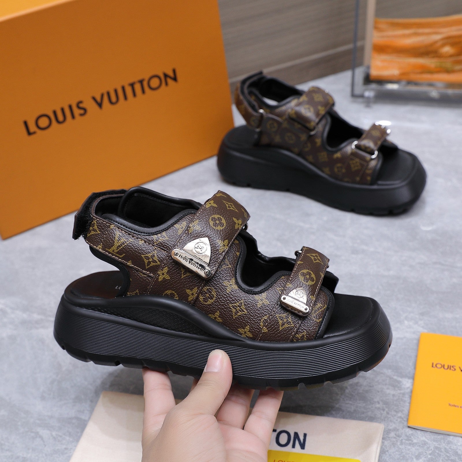 LV 26S CHAMELEON SANDALS 60MM IN DARK BROWN MONOGRAM COATED CALFSKIN AND EVA