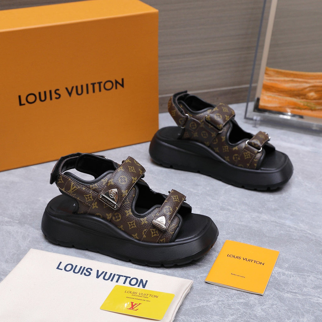 LV 26S CHAMELEON SANDALS 60MM IN DARK BROWN MONOGRAM COATED CALFSKIN AND EVA