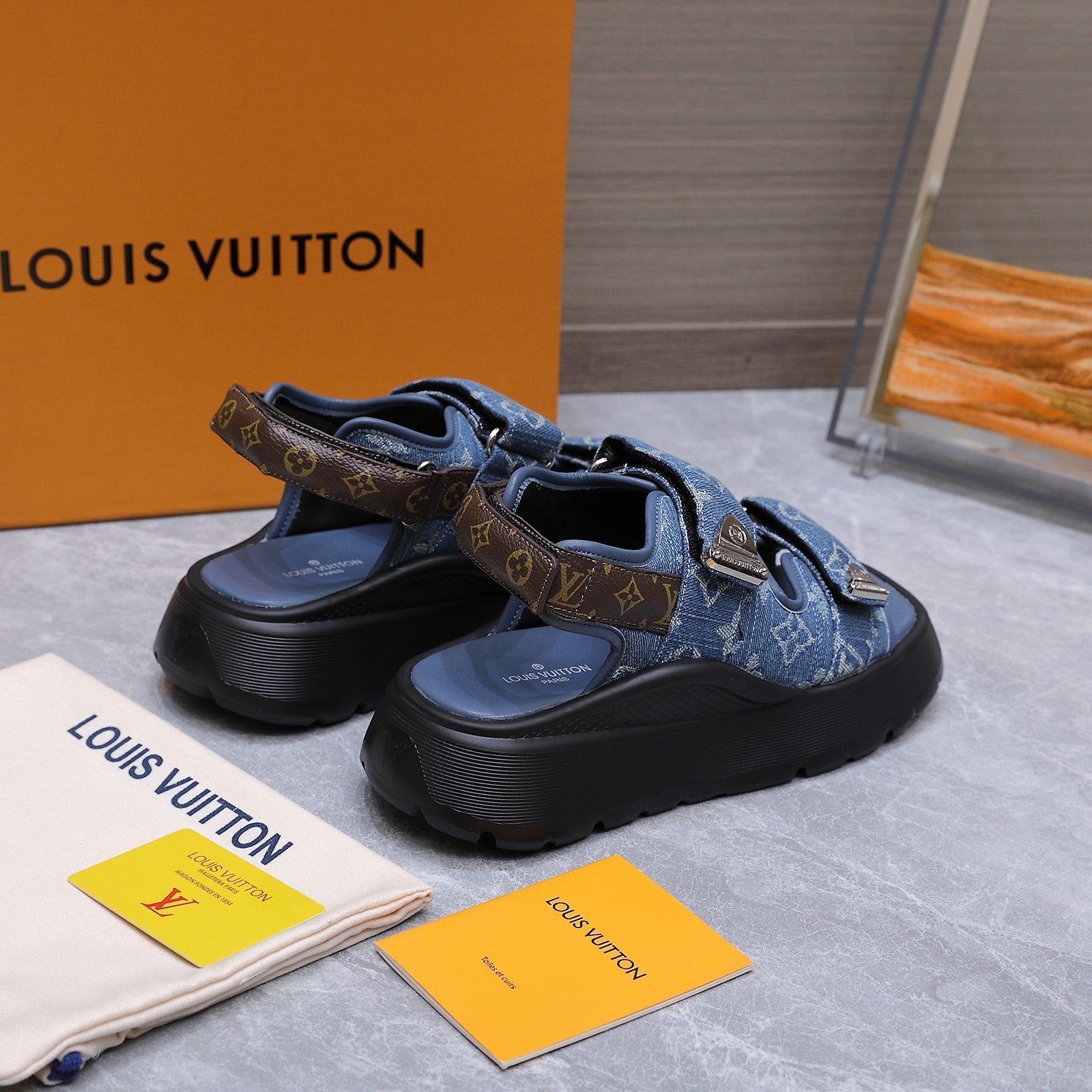 LV 26S CHAMELEON SANDALS 60MM IN BLUE MONOGRAM COATED DENIM AND EVA