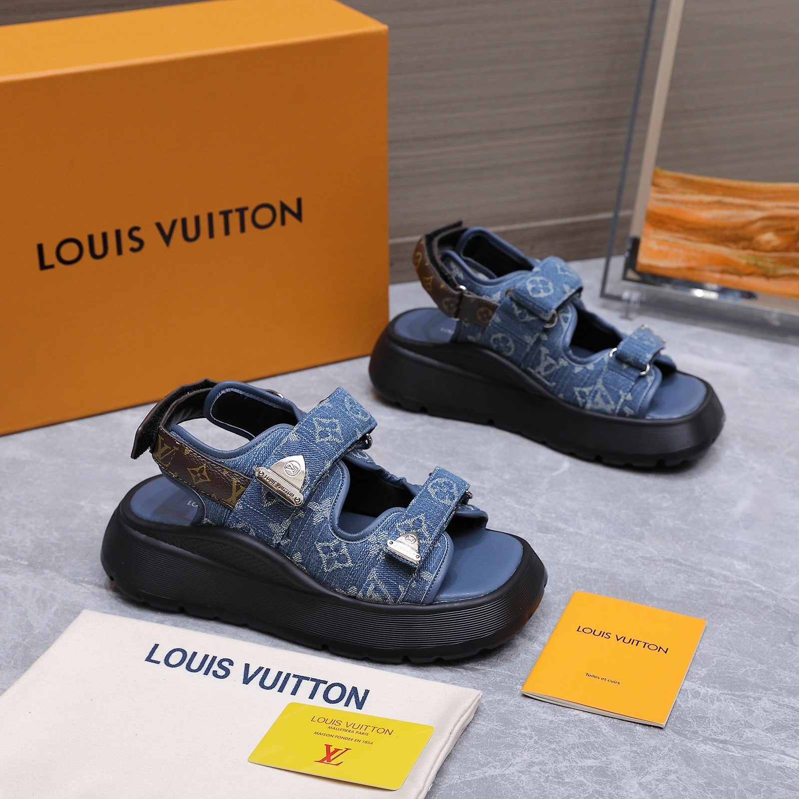 LV 26S CHAMELEON SANDALS 60MM IN BLUE MONOGRAM COATED DENIM AND EVA