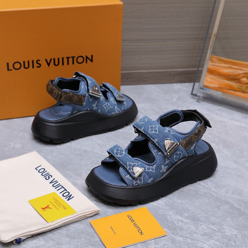 LV 26S CHAMELEON SANDALS 60MM IN BLUE MONOGRAM COATED DENIM AND EVA