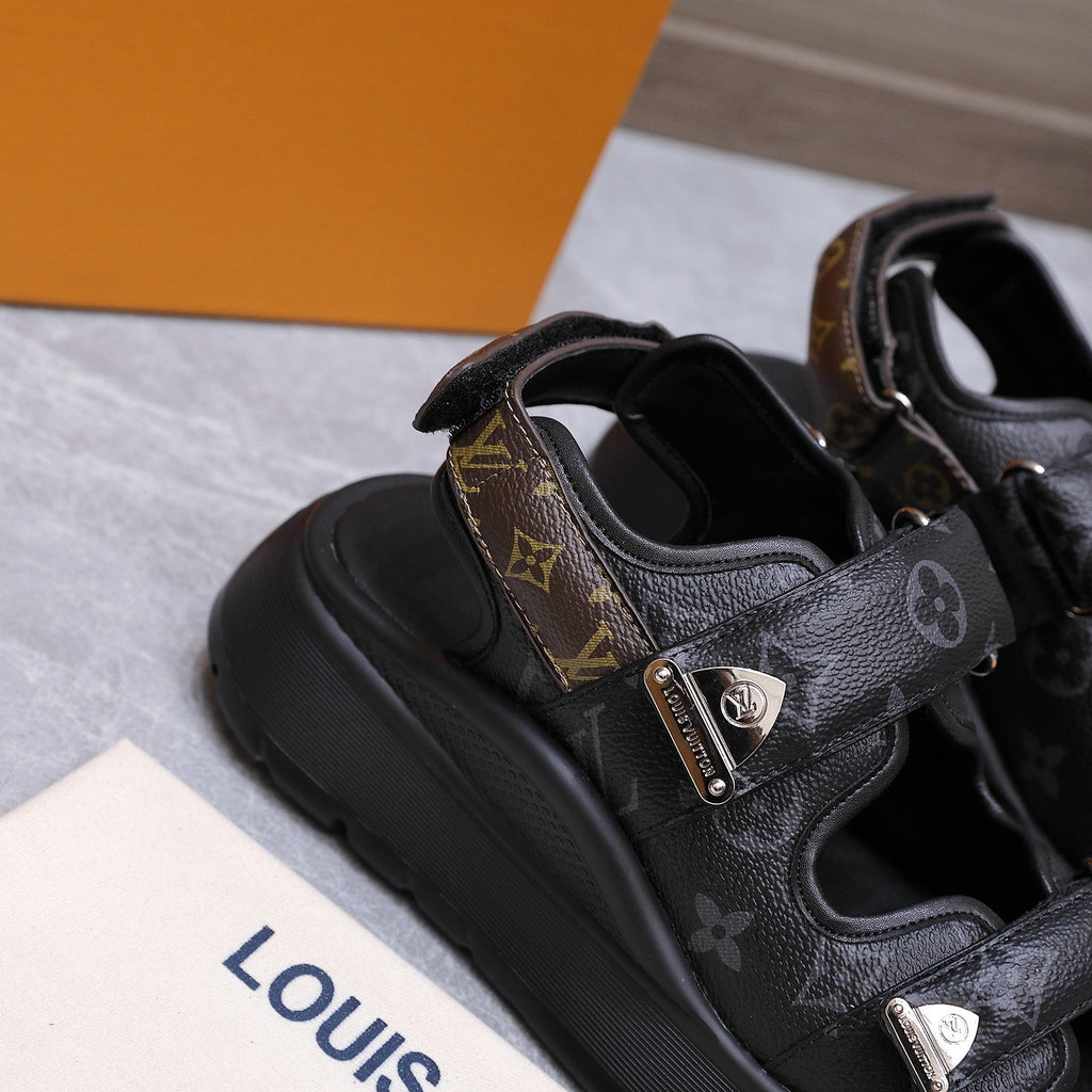 LV 26S CHAMELEON SANDALS 60MM IN BLACK MONOGRAM COATED CALFSKIN AND EVA
