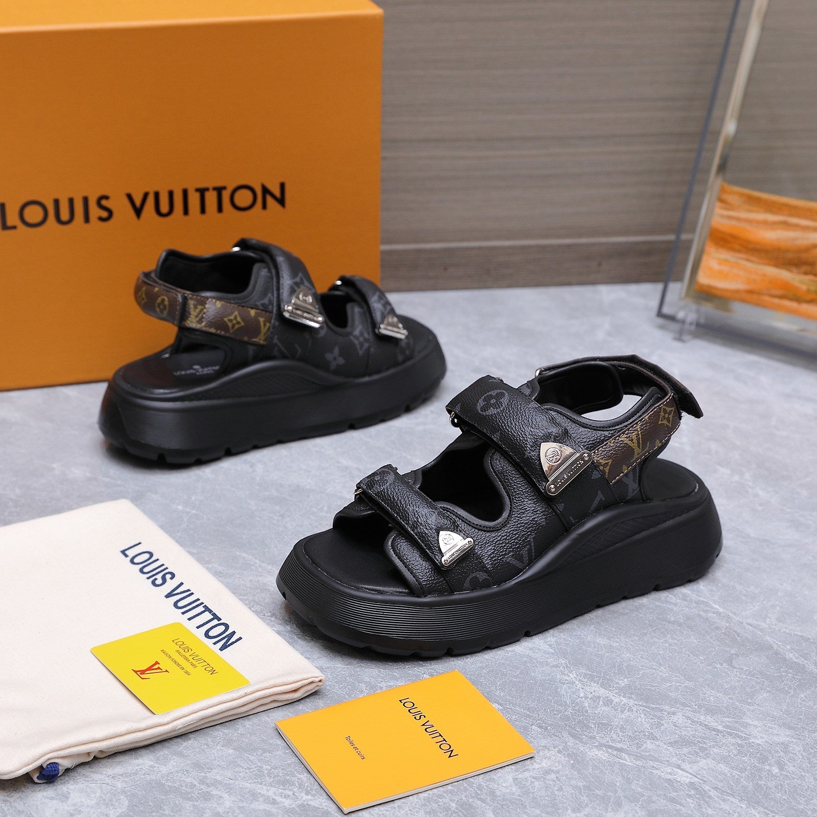 LV 26S CHAMELEON SANDALS 60MM IN BLACK MONOGRAM COATED CALFSKIN AND EVA