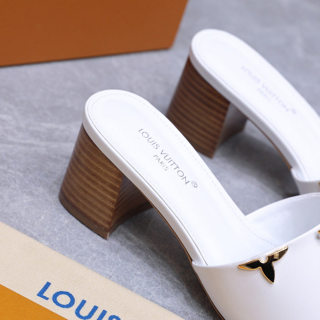 LV 26S BLOCK HEEL MULE SANDALS 55MM IN WHITE CALFSKIN GOLD HARDWARE