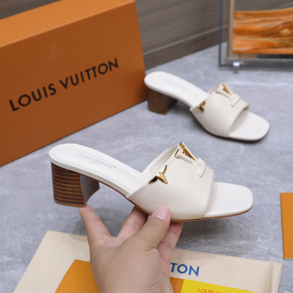 LV 26S BLOCK HEEL MULE SANDALS 55MM IN IVORY WHITE CALFSKIN GOLD HARDWARE