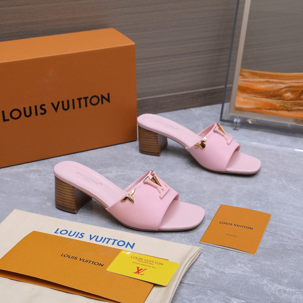 LV 26S BLOCK HEEL MULE SANDALS 55MM IN PINK BABY CALFSKIN GOLD HARDWARE