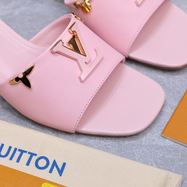 LV 26S BLOCK HEEL MULE SANDALS 55MM IN PINK BABY CALFSKIN GOLD HARDWARE