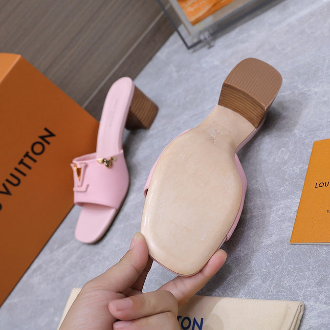 LV 26S BLOCK HEEL MULE SANDALS 55MM IN PINK BABY CALFSKIN GOLD HARDWARE