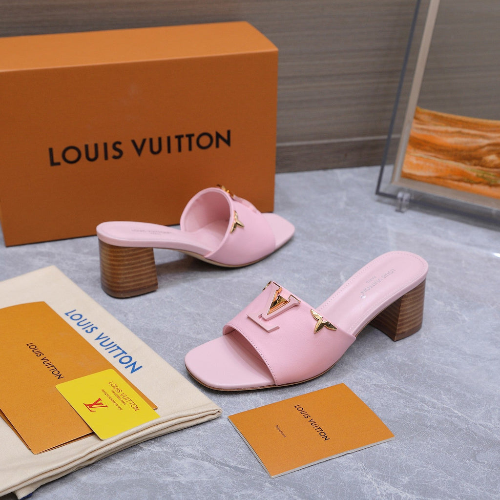 LV 26S BLOCK HEEL MULE SANDALS 55MM IN PINK BABY CALFSKIN GOLD HARDWARE