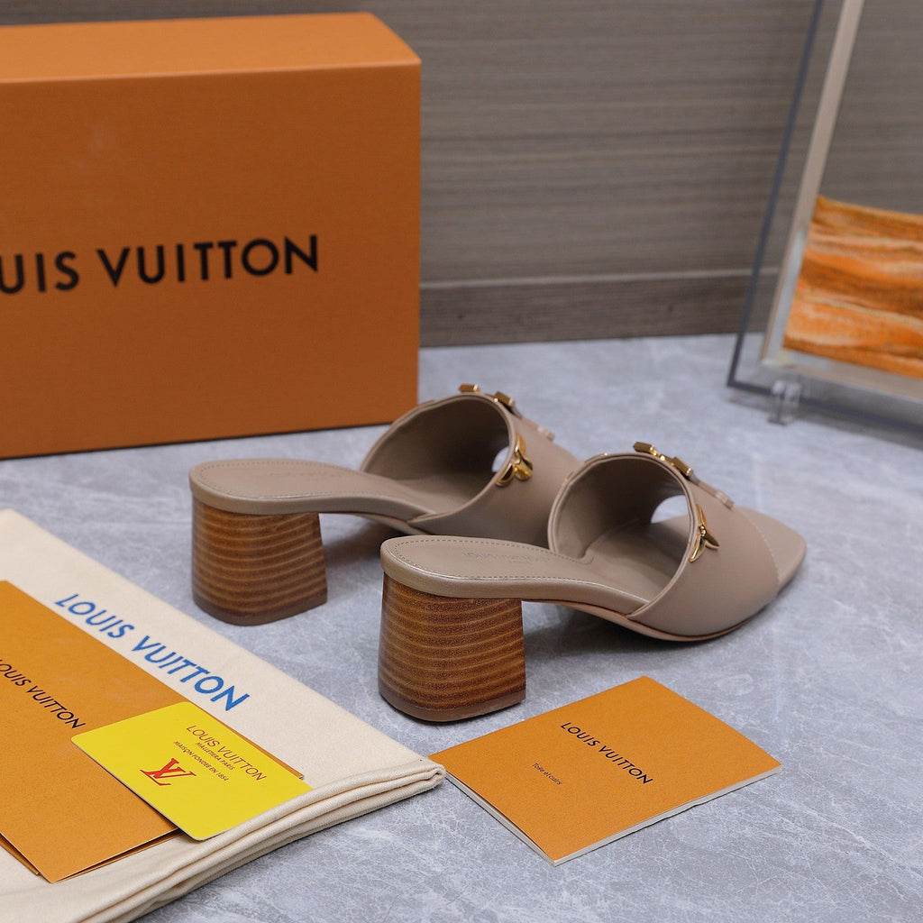 LV 26S BLOCK HEEL MULE SANDALS 55MM IN NUDE BROWN CALFSKIN GOLD HARDWARE