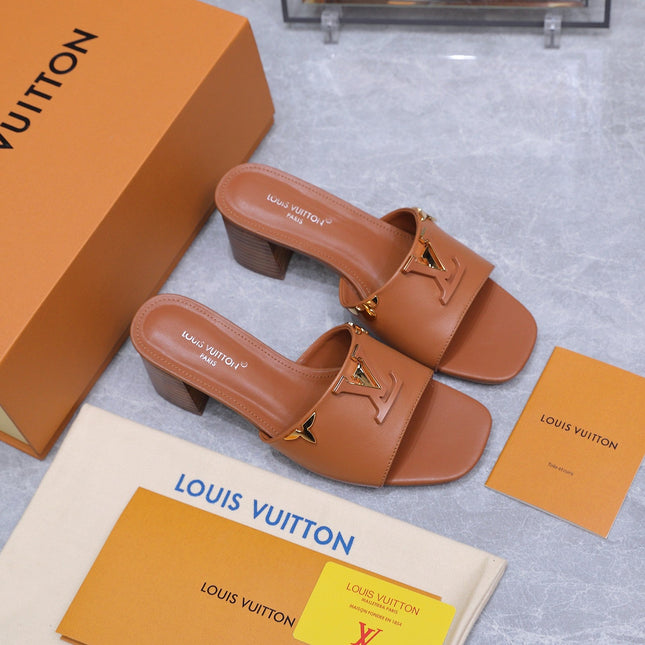 LV 26S BLOCK HEEL MULE SANDALS 55MM IN ORANGE BROWN CALFSKIN GOLD HARDWARE