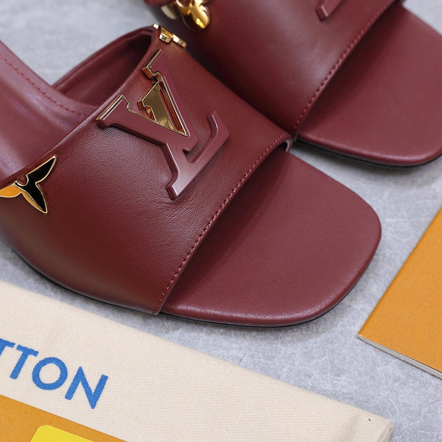 LV 26S BLOCK HEEL MULE SANDALS 55MM IN WINE RED CALFSKIN GOLD HARDWARE