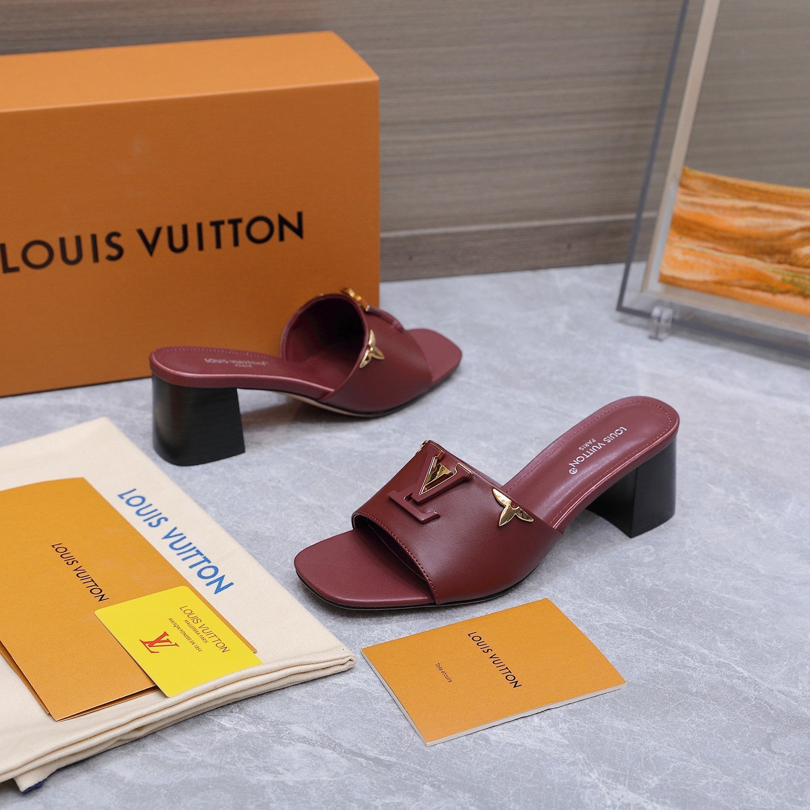 LV 26S BLOCK HEEL MULE SANDALS 55MM IN WINE RED CALFSKIN GOLD HARDWARE