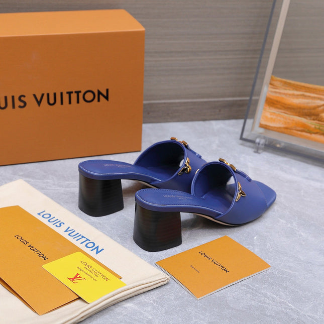 LV 26S BLOCK HEEL MULE SANDALS 55MM IN DARK BLUE CALFSKIN GOLD HARDWARE