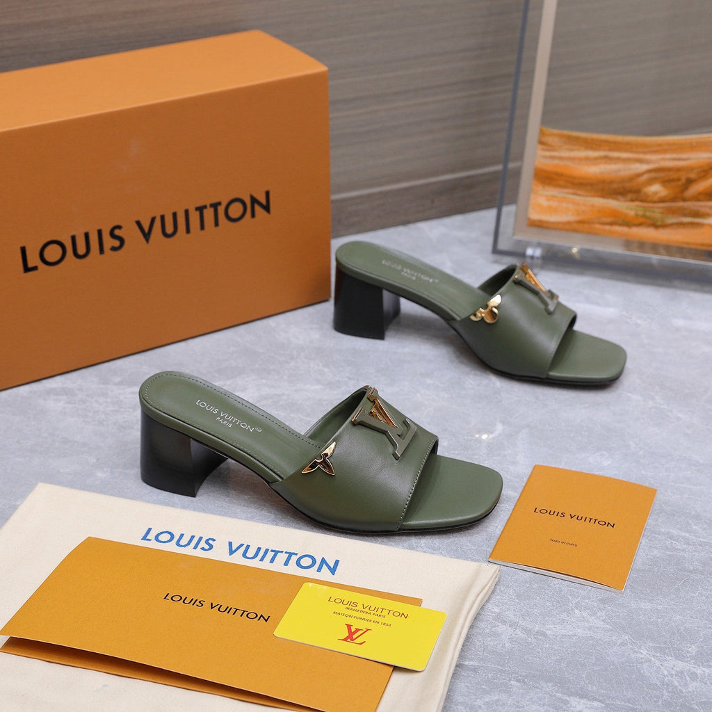 LV 26S BLOCK HEEL MULE SANDALS 55MM IN OLIVE GREEN CALFSKIN GOLD HARDWARE