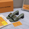 LV 26S BLOCK HEEL MULE SANDALS 55MM IN OLIVE GREEN CALFSKIN GOLD HARDWARE