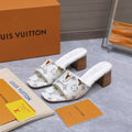 LV 26S BLOCK HEEL MULE SANDALS 55MM IN WHITE MONOGRAM CALFSKIN GOLD HARDWARE