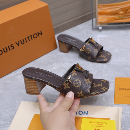 LV 26S BLOCK HEEL MULE SANDALS 55MM IN DARK BROWN MONOGRAM CALFSKIN GOLD HARDWARE