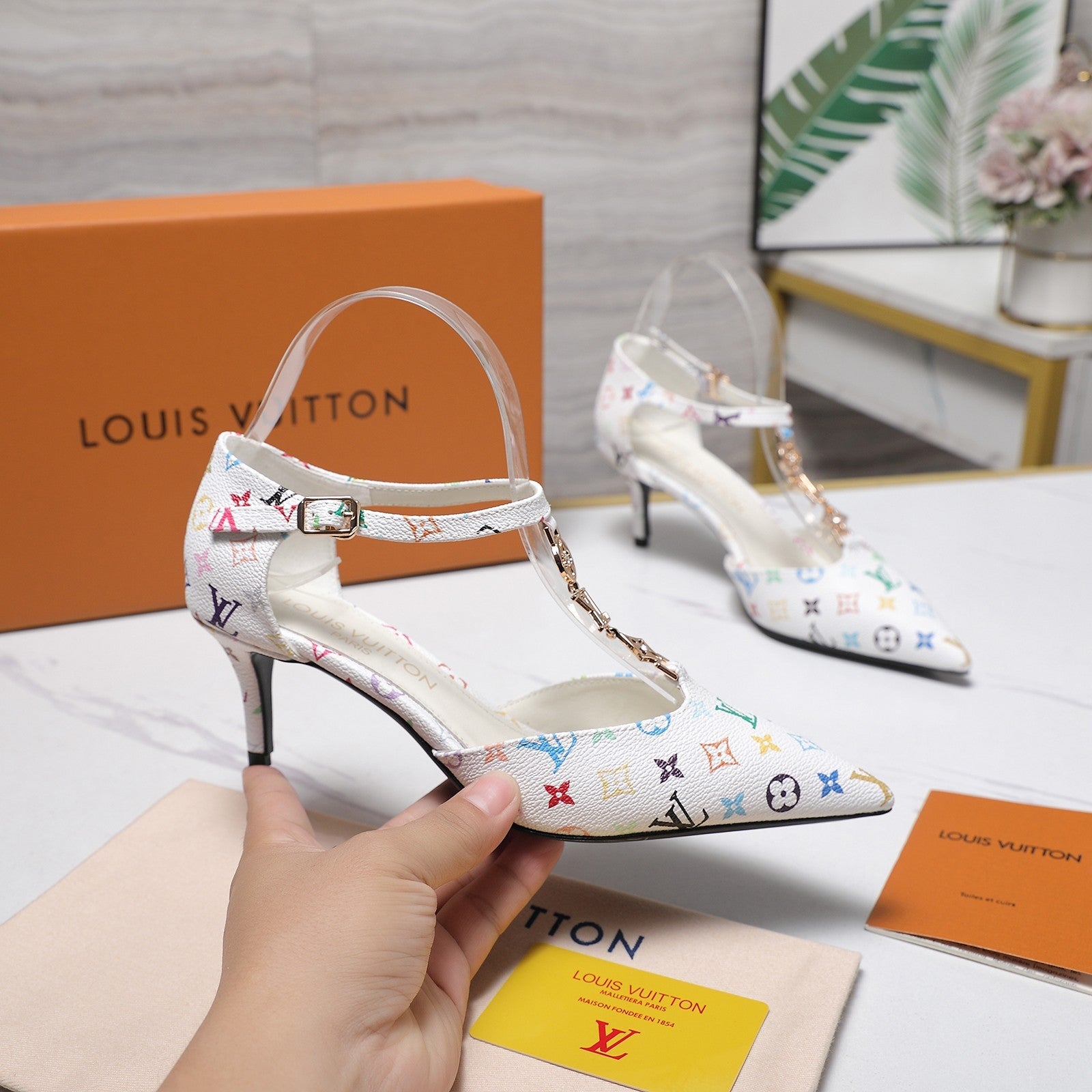 LV 26S ELEGANT T-STRAP HEELS 65MM IN WHITE MULTICOLOR MONOGRAM CALFSKIN GOLD HARDWARE