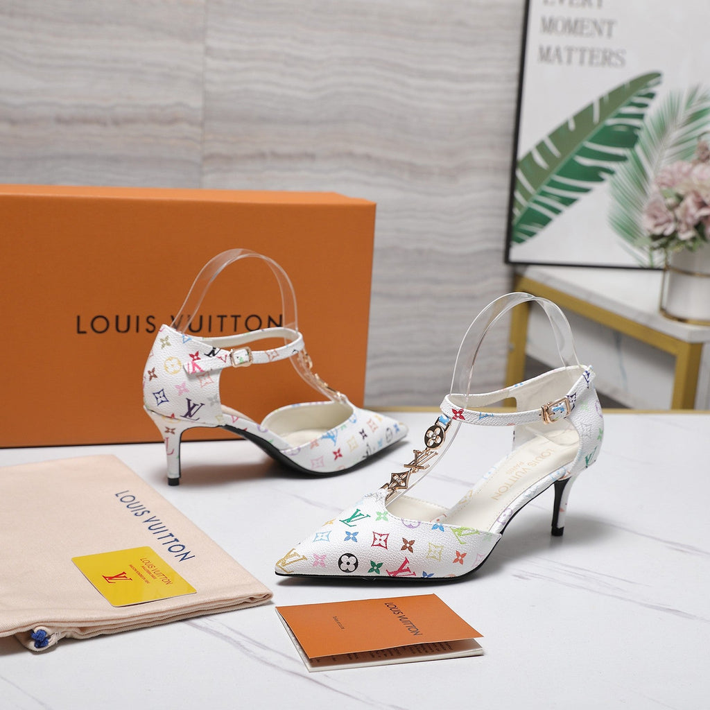 LV 26S ELEGANT T-STRAP HEELS 65MM IN WHITE MULTICOLOR MONOGRAM CALFSKIN GOLD HARDWARE