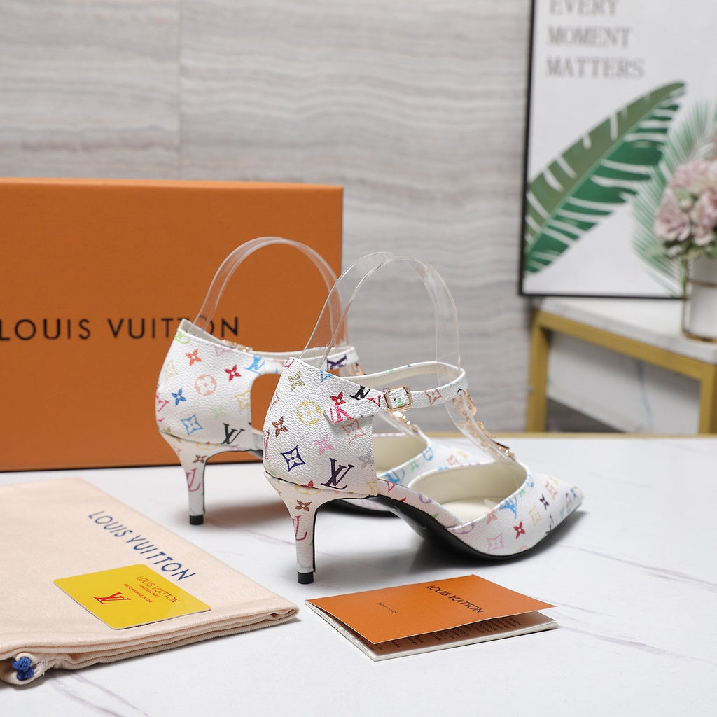 LV 26S ELEGANT T-STRAP HEELS 65MM IN WHITE MULTICOLOR MONOGRAM CALFSKIN GOLD HARDWARE