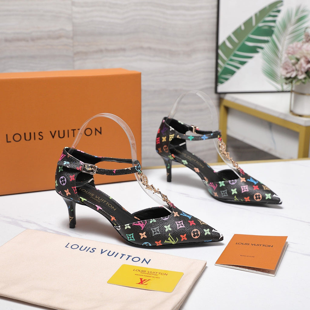 LV 26S ELEGANT T-STRAP HEELS 65MM IN BLACK MULTICOLOR MONOGRAM CALFSKIN GOLD HARDWARE