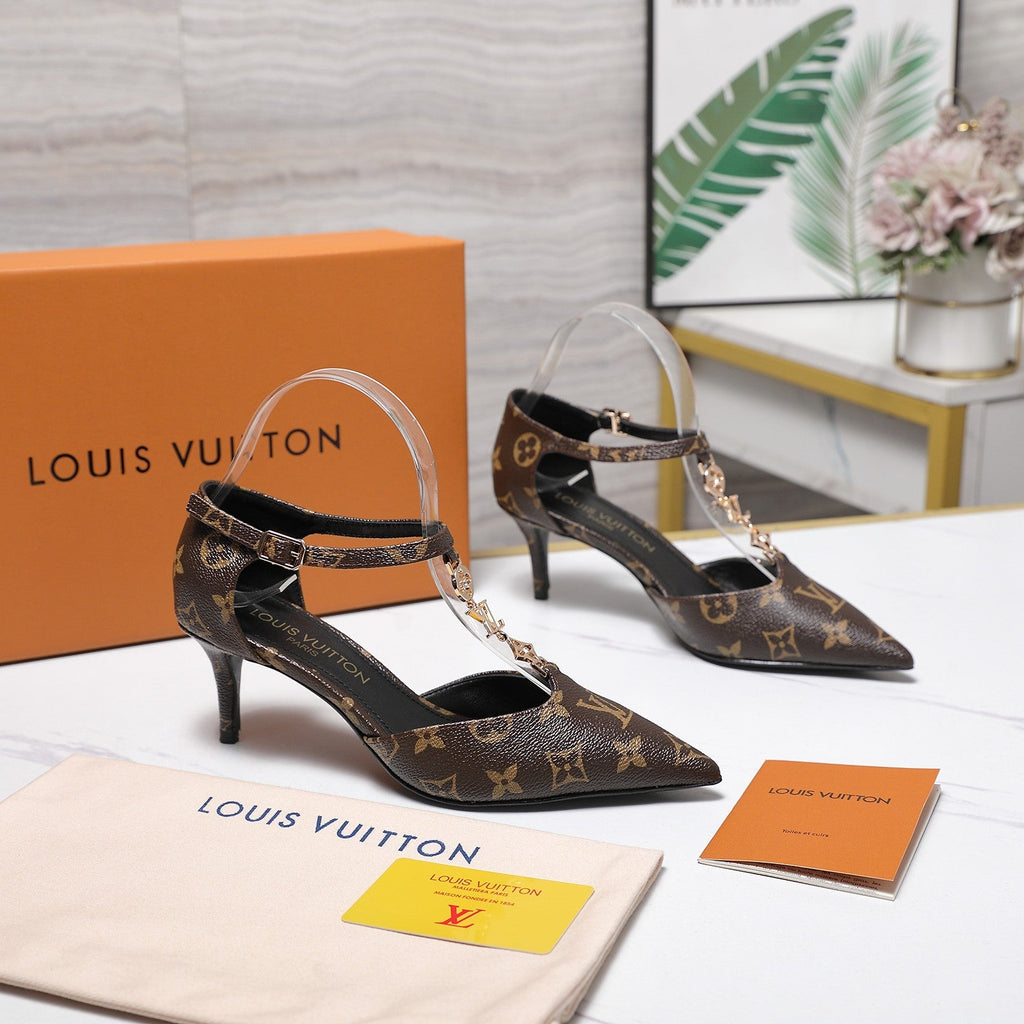 LV 26S ELEGANT T-STRAP HEELS 65MM IN DARK BROWN MONOGRAM CALFSKIN GOLD HARDWARE