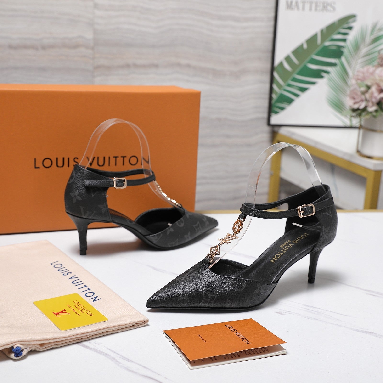 LV 26S ELEGANT T-STRAP HEELS 65MM IN BLACK MONOGRAM CALFSKIN GOLD HARDWARE