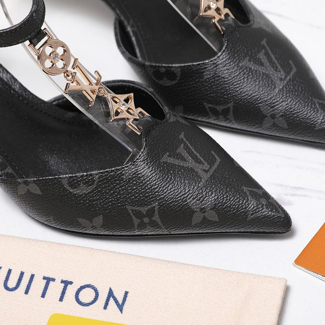 LV 26S ELEGANT T-STRAP HEELS 65MM IN BLACK MONOGRAM CALFSKIN GOLD HARDWARE