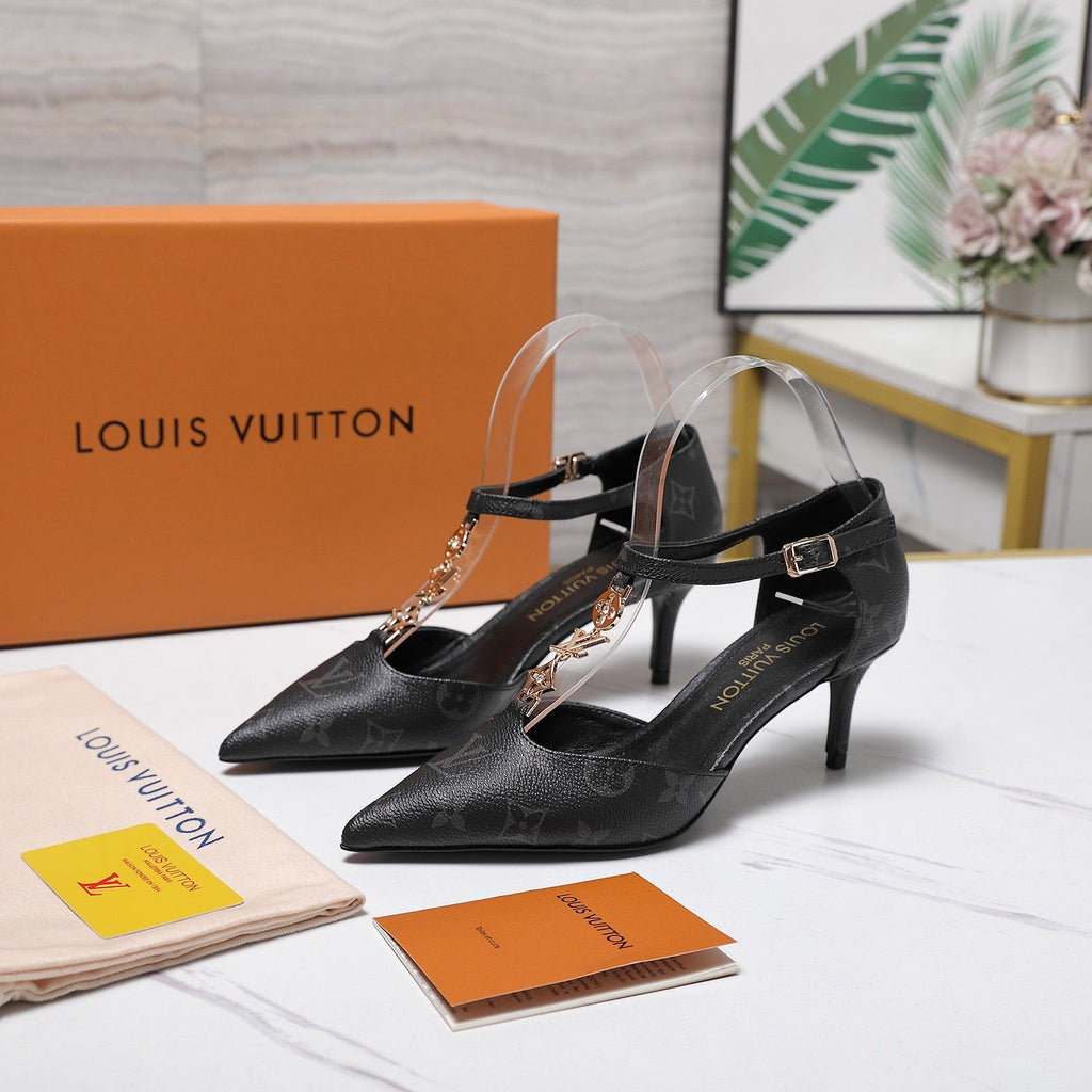 LV 26S ELEGANT T-STRAP HEELS 65MM IN BLACK MONOGRAM CALFSKIN GOLD HARDWARE
