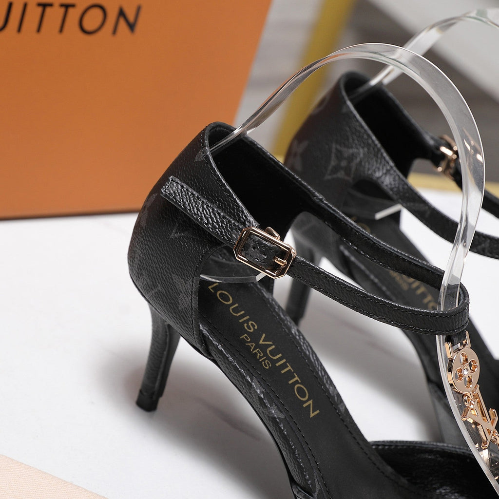 LV 26S ELEGANT T-STRAP HEELS 65MM IN BLACK MONOGRAM CALFSKIN GOLD HARDWARE