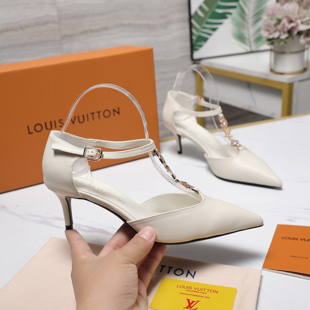 LV 26S ELEGANT T-STRAP HEELS 65MM IN CREAM WHITE CALFSKIN GOLD HARDWARE