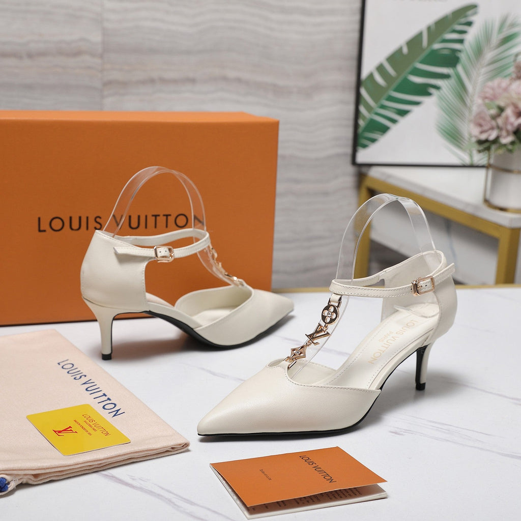 LV 26S ELEGANT T-STRAP HEELS 65MM IN CREAM WHITE CALFSKIN GOLD HARDWARE