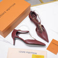 LV 26S ELEGANT T-STRAP HEELS 65MM IN BURGUNDY RED CALFSKIN GOLD HARDWARE