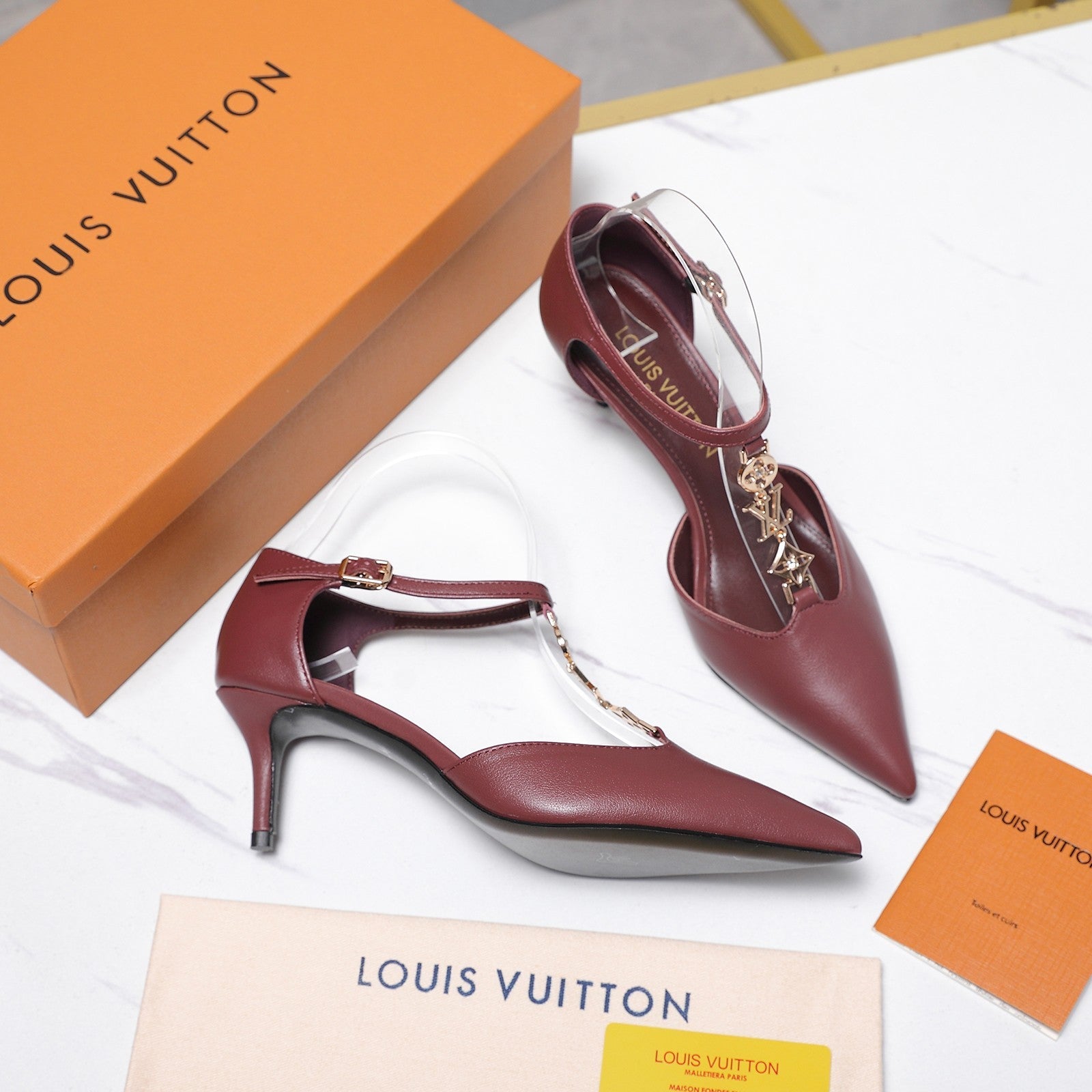 LV 26S ELEGANT T-STRAP HEELS 65MM IN BURGUNDY RED CALFSKIN GOLD HARDWARE