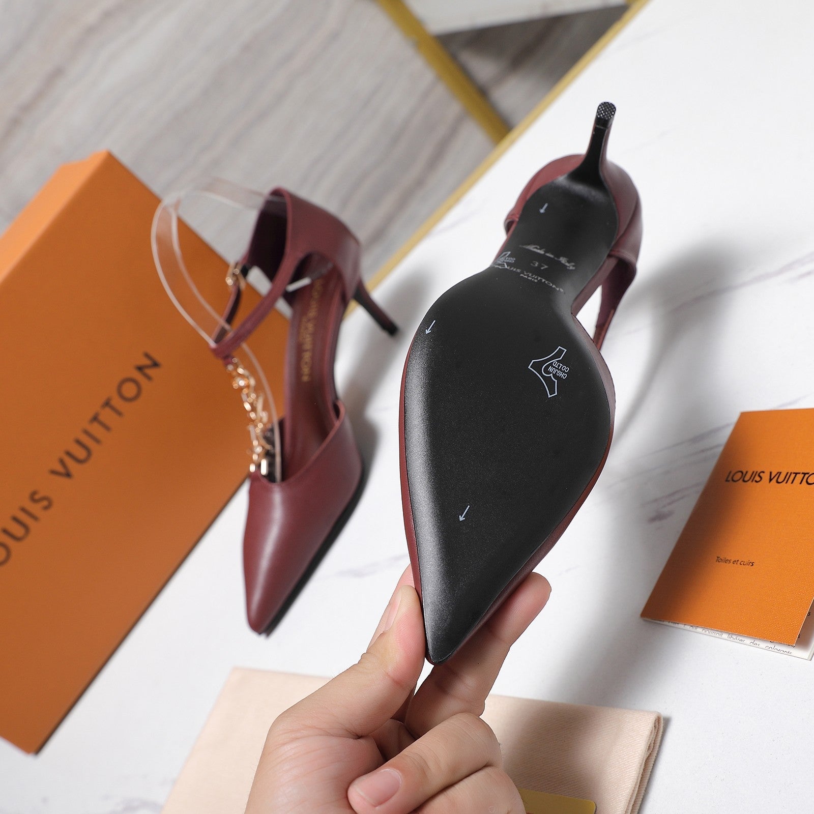 LV 26S ELEGANT T-STRAP HEELS 65MM IN BURGUNDY RED CALFSKIN GOLD HARDWARE