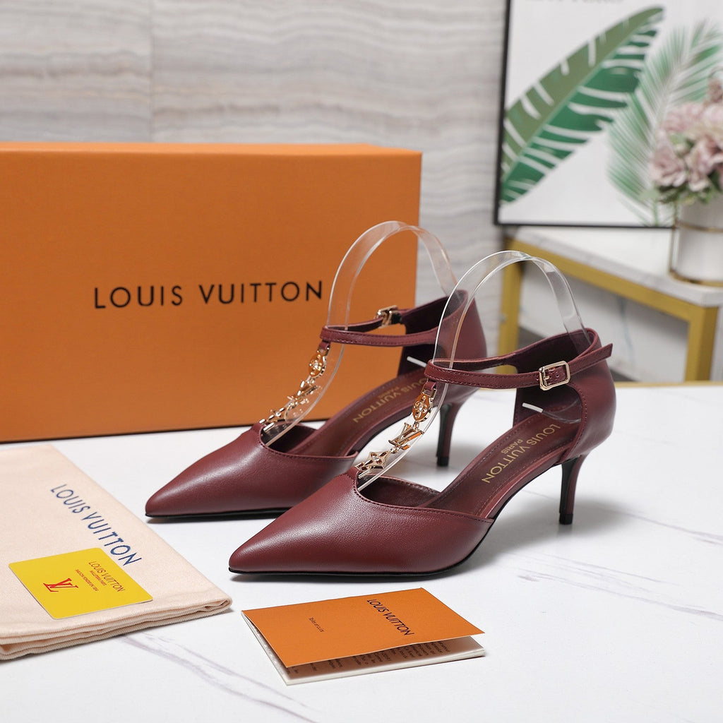 LV 26S ELEGANT T-STRAP HEELS 65MM IN BURGUNDY RED CALFSKIN GOLD HARDWARE