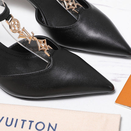 LV 26S ELEGANT T-STRAP HEELS 65MM IN BLACK CALFSKIN GOLD HARDWARE
